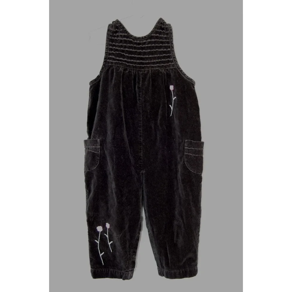 Vintage Gymboree Overalls Black Velvet‎ Pink Embroidered Roses 2T EUC